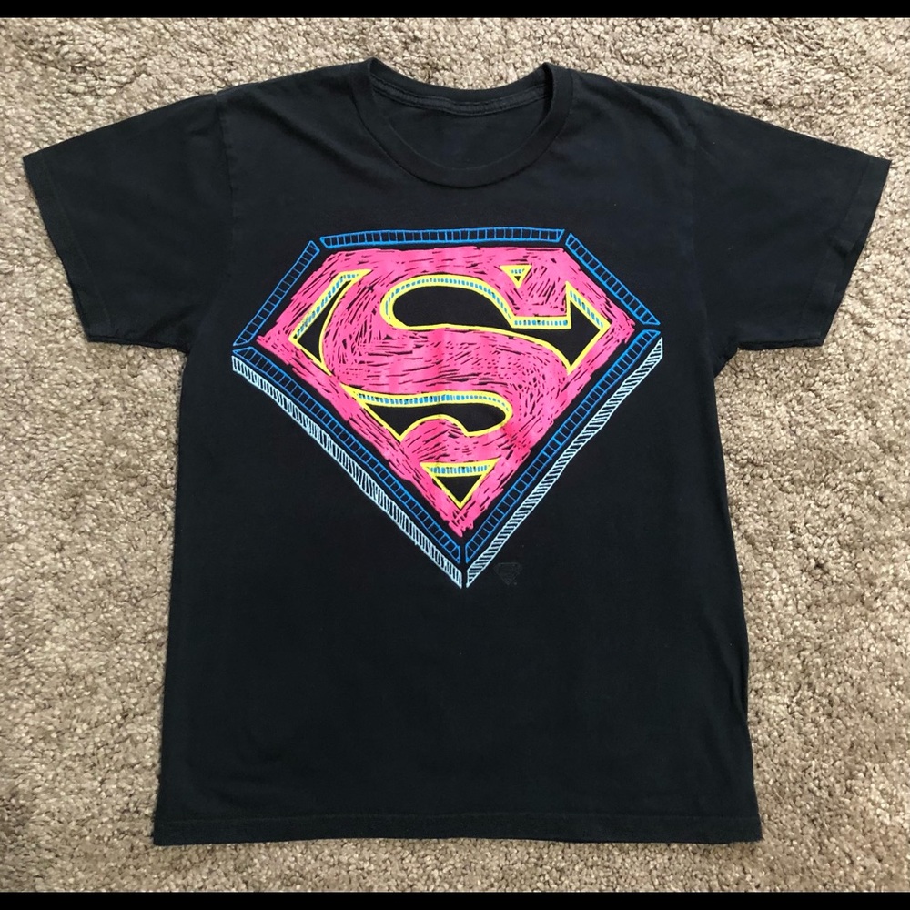 Womens Black Superman T-shirt, Sz S, Hot Pink Logo